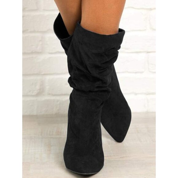 Women's Black Suede Mid Calf High Slouchy Chunky Heel Block Pointed Toe Boots - Picture 3 of 6